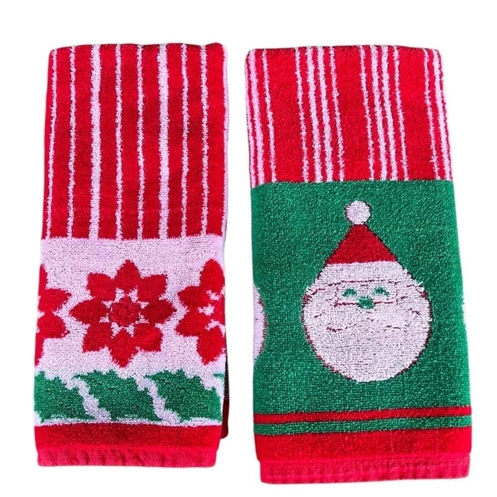 VTG Casa Fina by Saydah Christmas Holiday Hand Towels Santa Poinsettia Korea